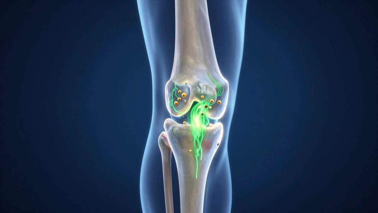 Glowing anatomical knee joint showing cellular repair process
