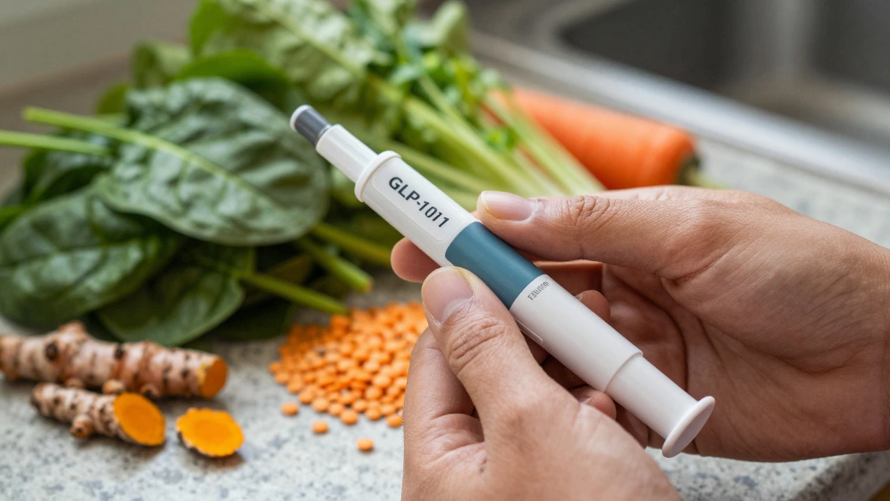 Hand holding diabetes injector next to fresh healthy vegetables