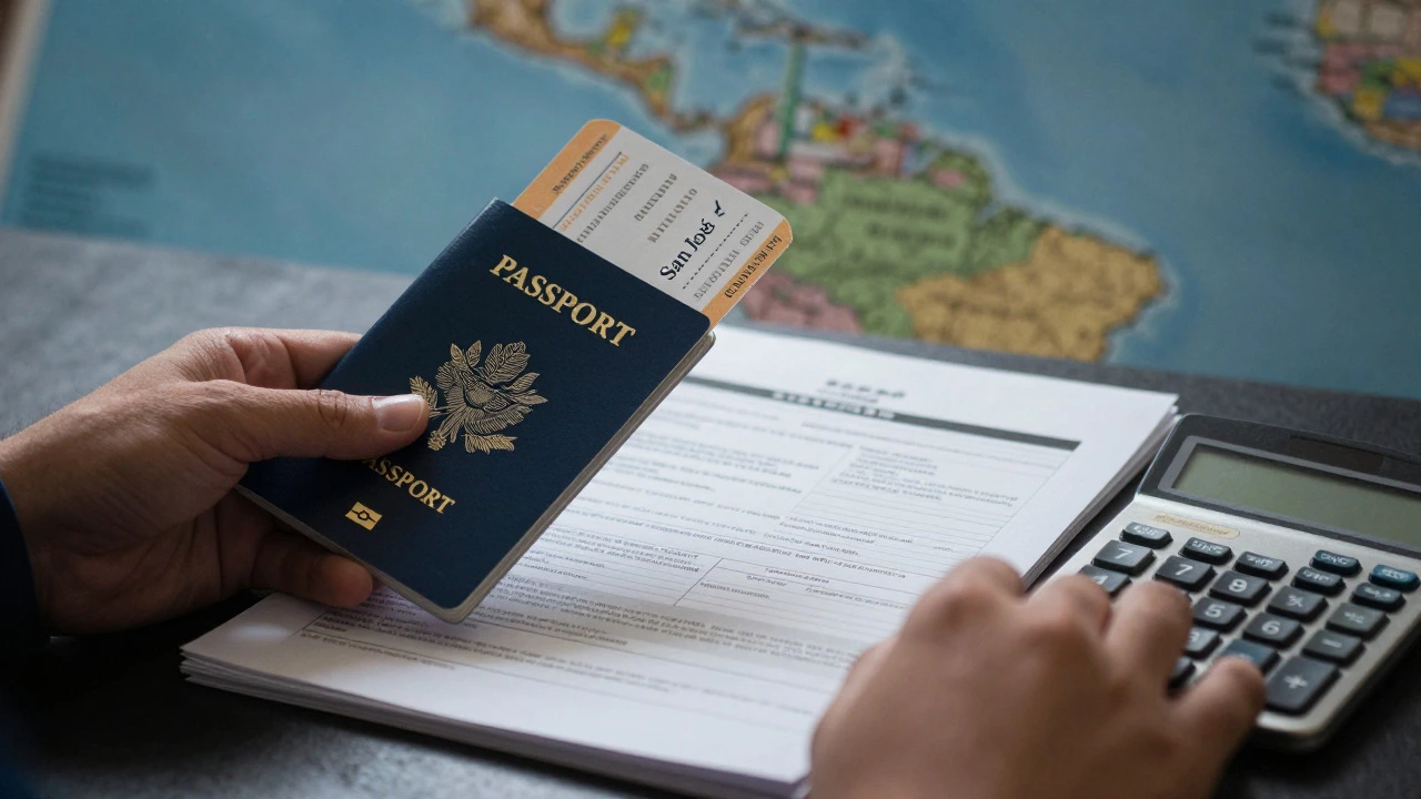 Hands holding a passport and flight ticket next to financial papers, symbolizing medical travel decisions