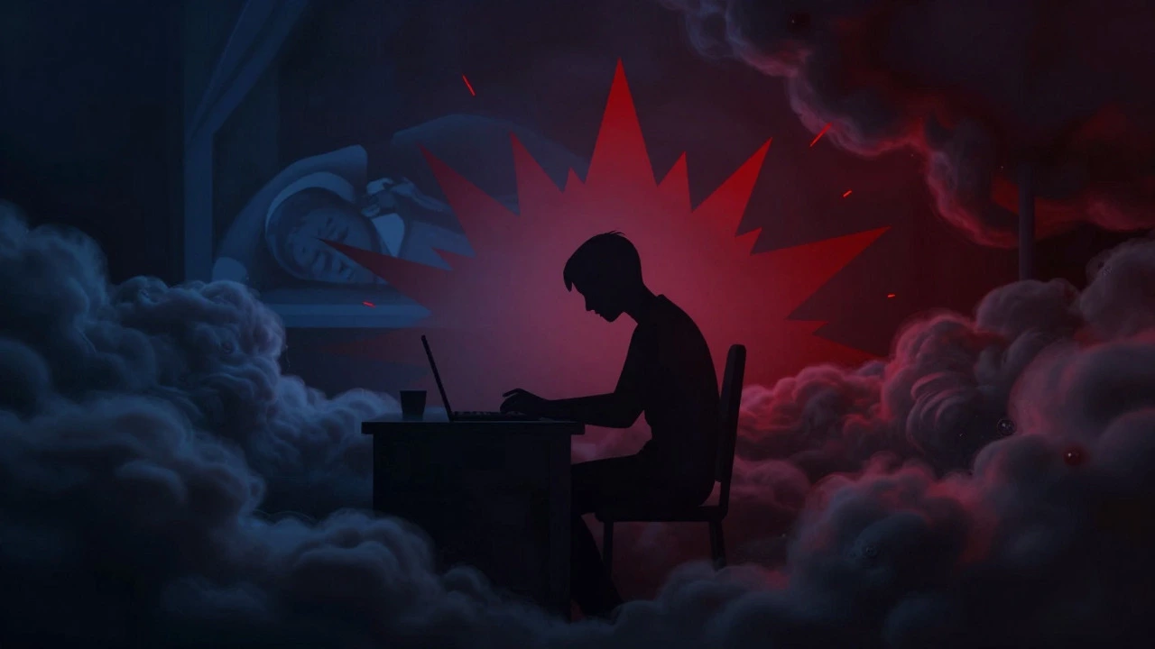 Illustration of a sedentary person surrounded by shadows representing stress and blood sugar spikes.