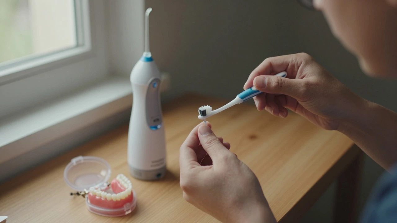 Person cleaning dental implant with special tools