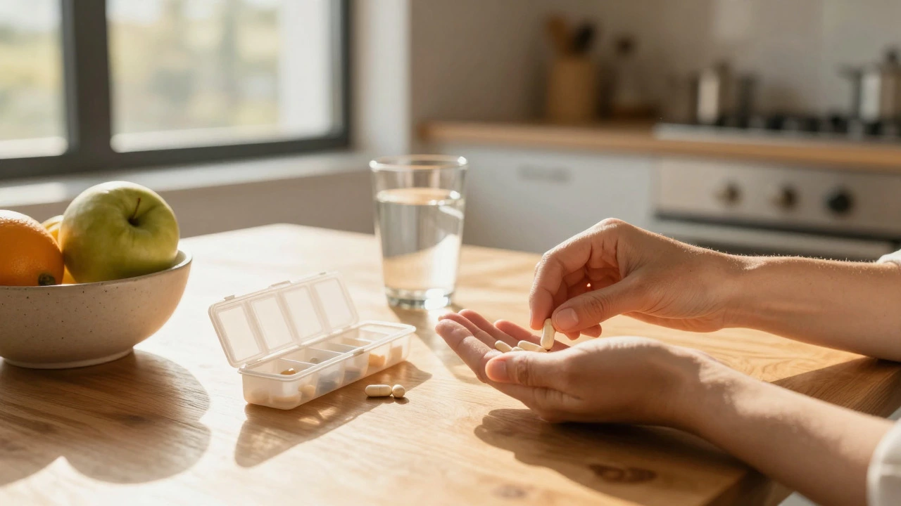 Person taking vitamins during a healthy morning breakfast
