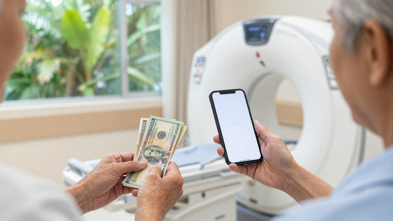 Senior couple reviewing medical costs near an MRI machine in a tropical setting