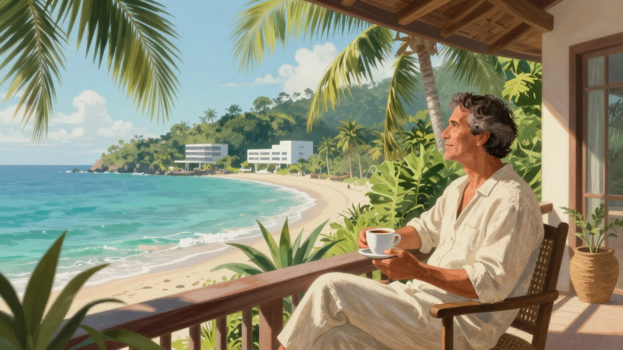 Traveler relaxing on a beachside villa balcony in Costa Rica during post-surgery recovery