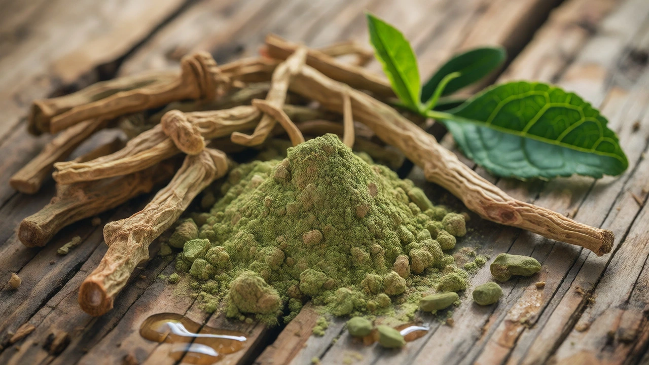 Ashwagandha, valerian, and tea leaves on wooden table