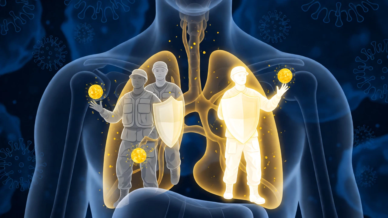 Conceptual art showing Vitamin D activating dormant immune cells into glowing defenders.