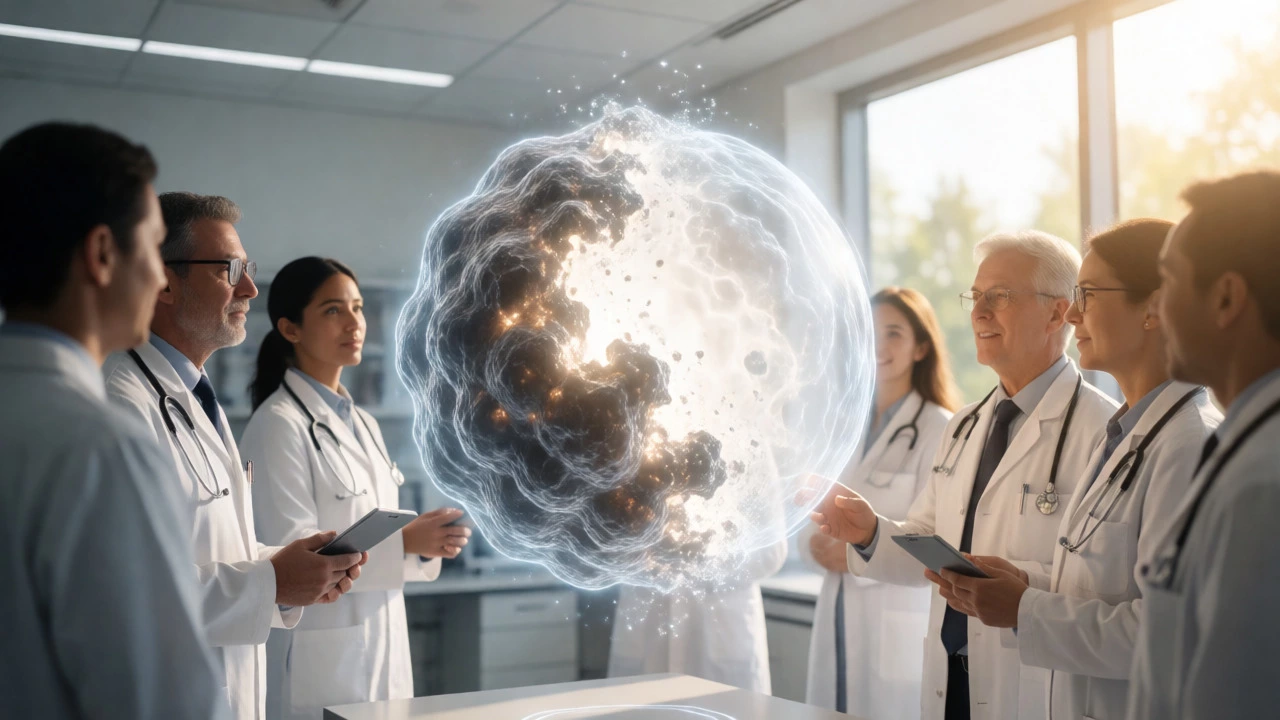 Doctors observing a holographic visualization of immunotherapy attacking a cancer cell.