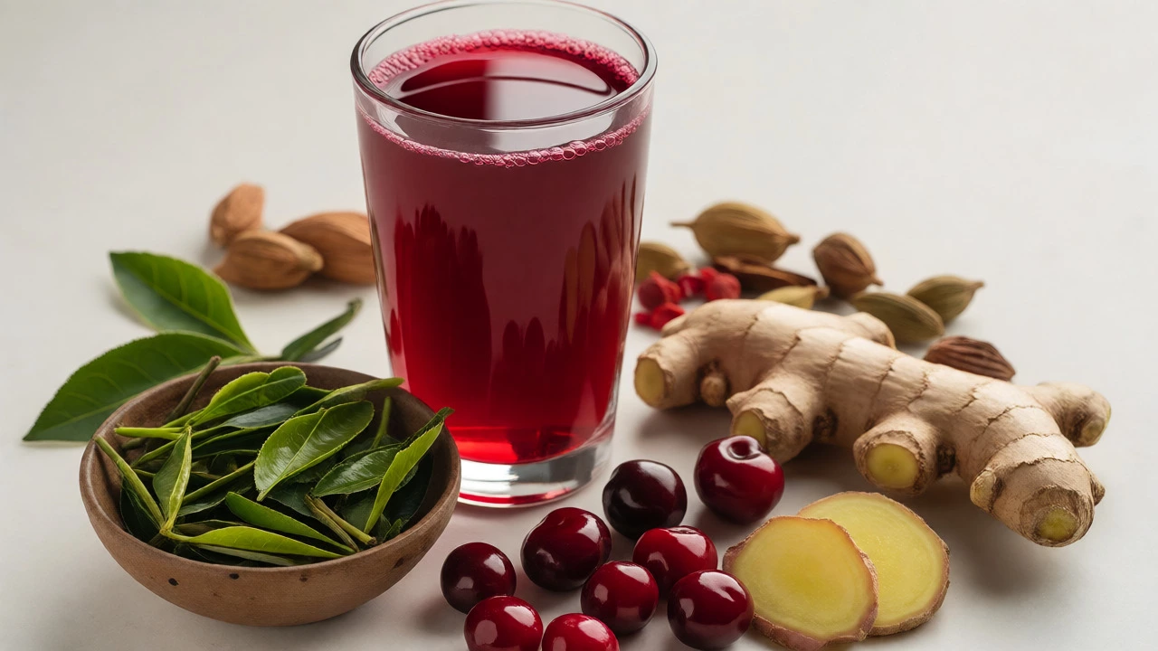 Glass of tart cherry juice alongside green tea leaves and fresh ginger slices