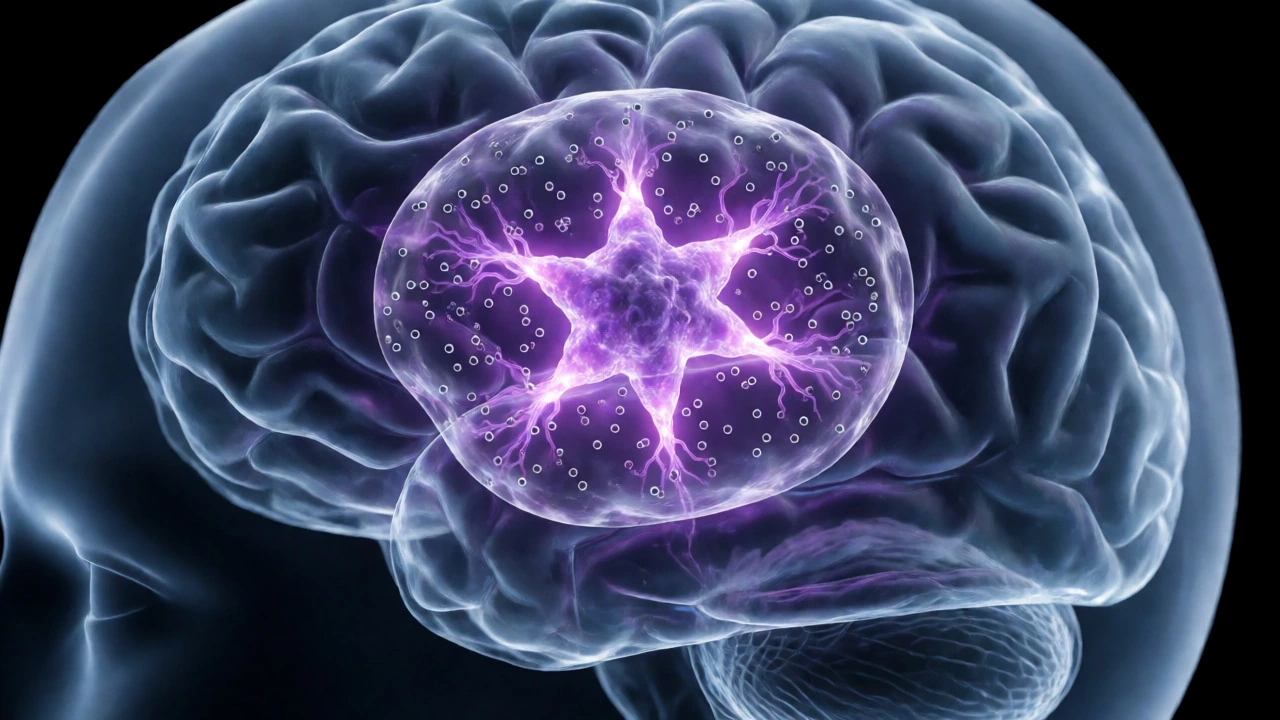 Glioblastoma tumor in the brain blocked by the blood-brain barrier preventing drug entry.
