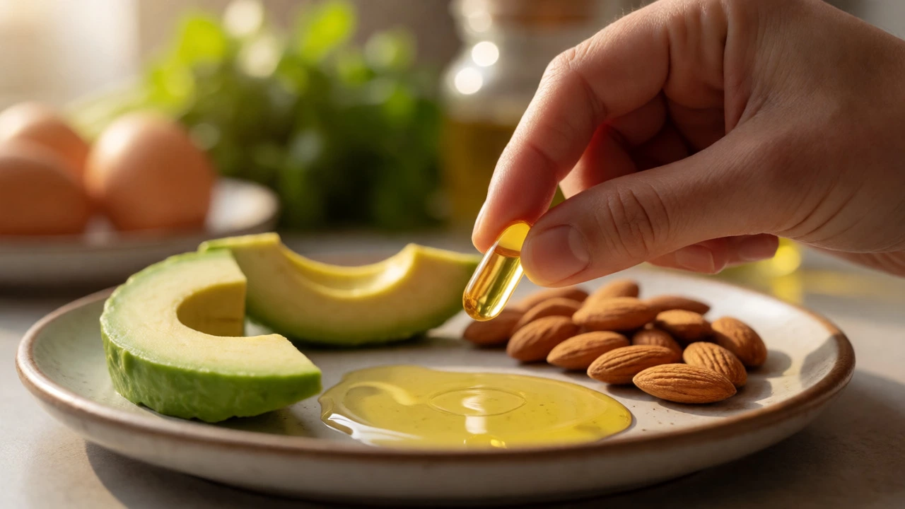 Hand holding golden Vitamin D capsule over avocado and nuts to illustrate fat-soluble absorption.