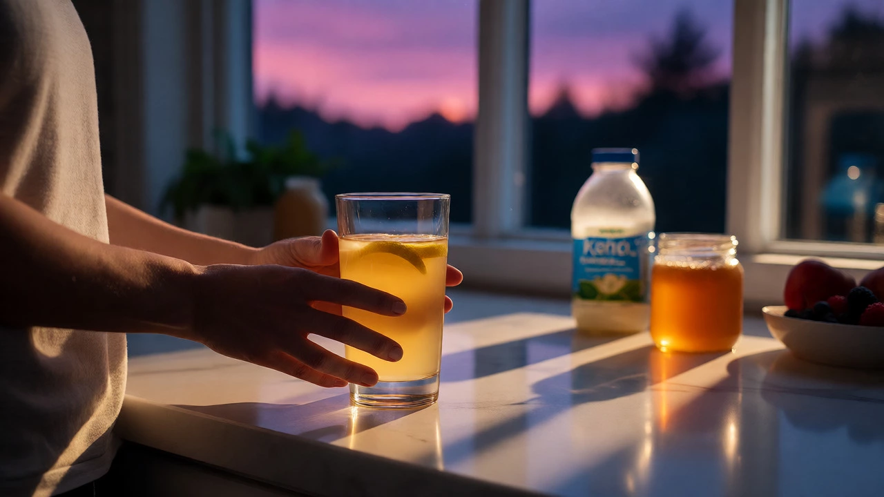 Hands holding a glass of apple cider vinegar drink in a dimly lit kitchen
