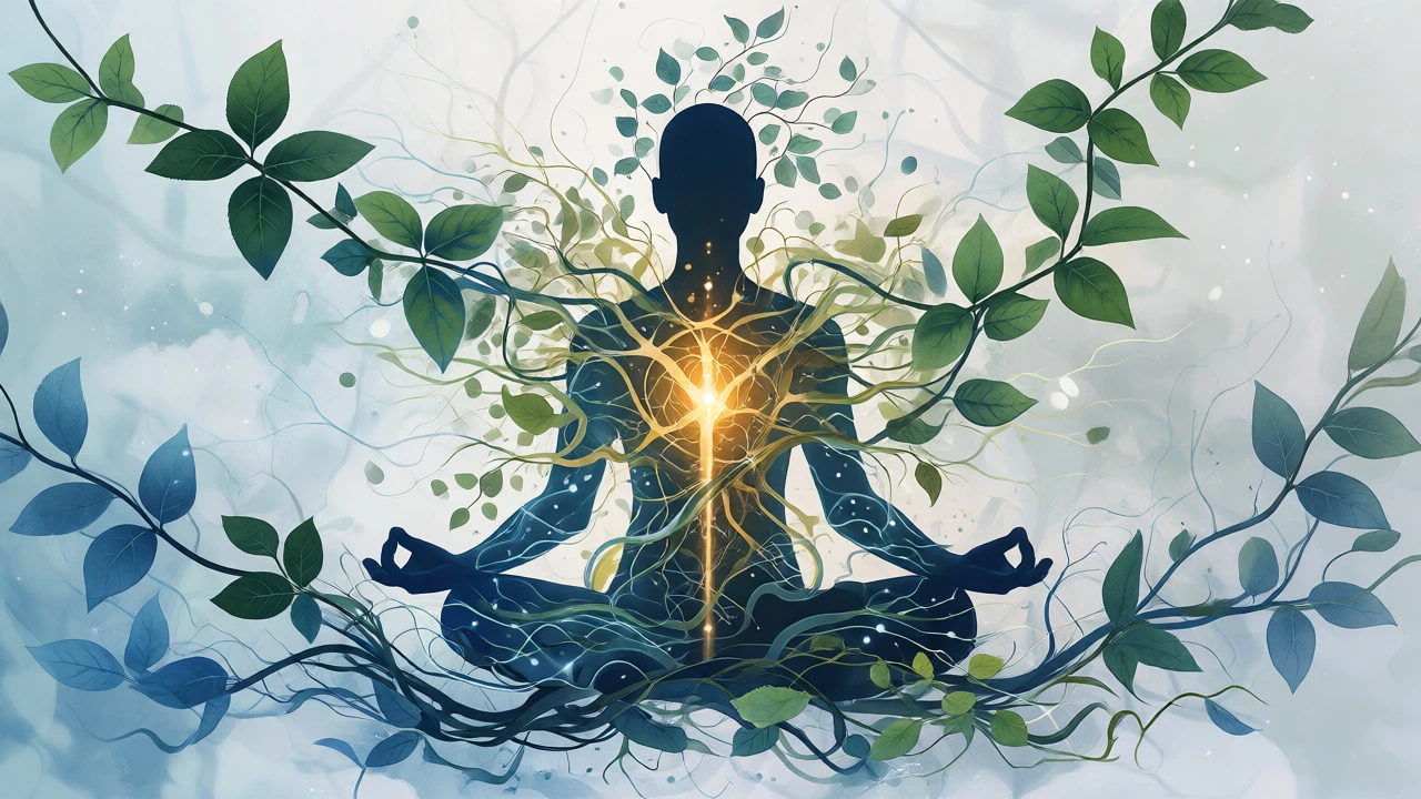 Meditating silhouette formed by plants and neural paths