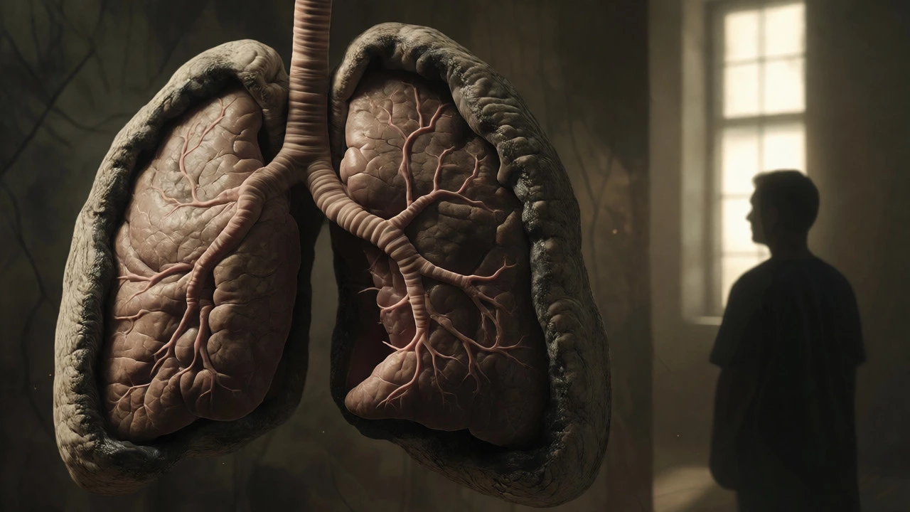 Mesothelioma encasing the lung like a tough shell, illustrating diffuse spread