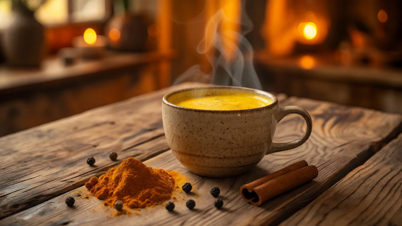 Steaming mug of golden turmeric milk with turmeric powder and pepper nearby