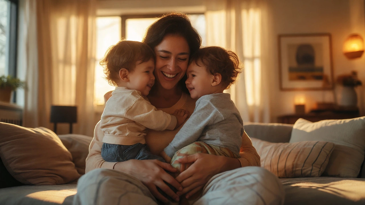 A smiling mother holding her twin toddlers in a cozy living room.