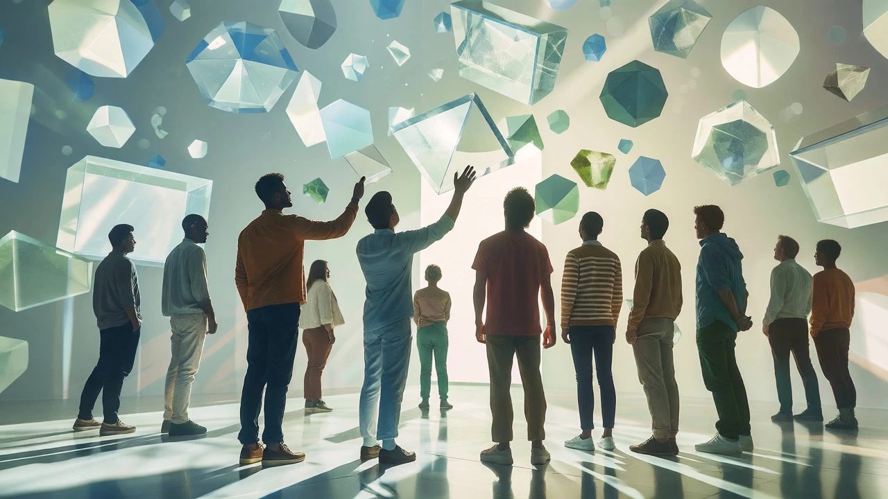 Abstract conceptual image of people arranging translucent glass pieces to symbolize mental clarity.
