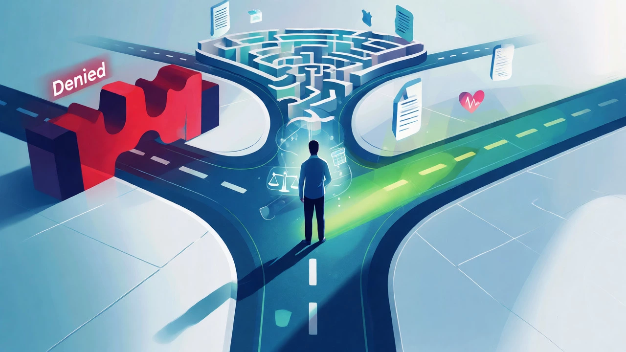 Abstract illustration of navigating insurance approval pathways and denials.