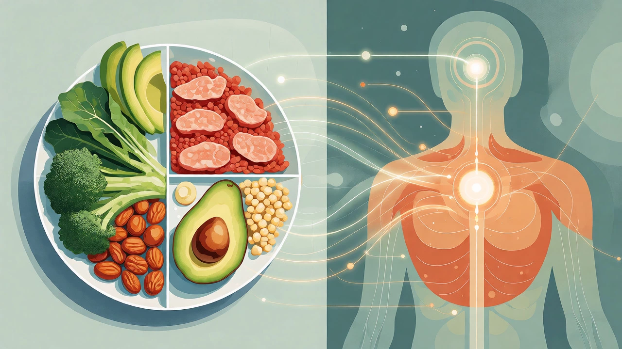 Artistic depiction of a balanced meal and hormonal stability concepts