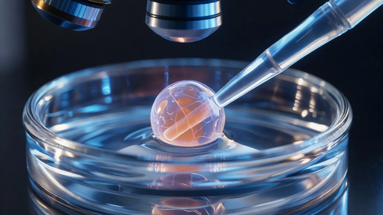 Close-up macro shot of an egg cell being fertilized in a lab setting.