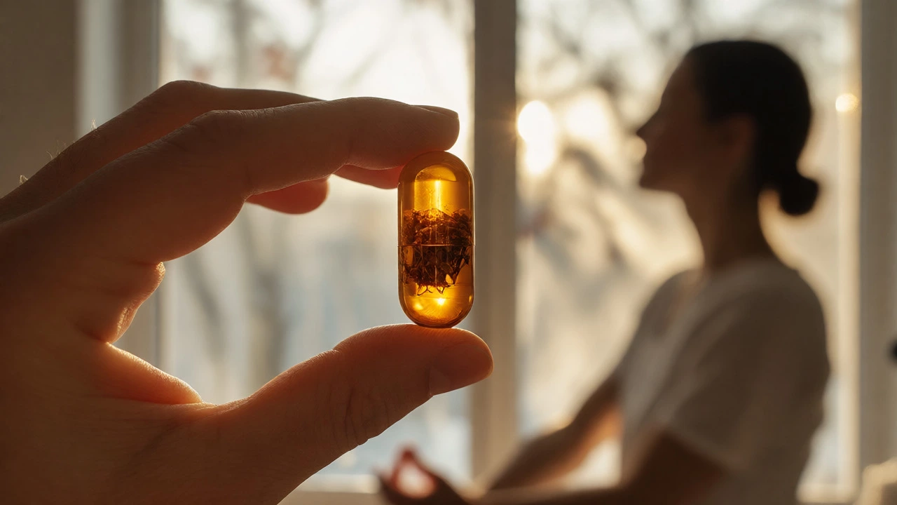 Hand holding an herbal capsule against sunlight