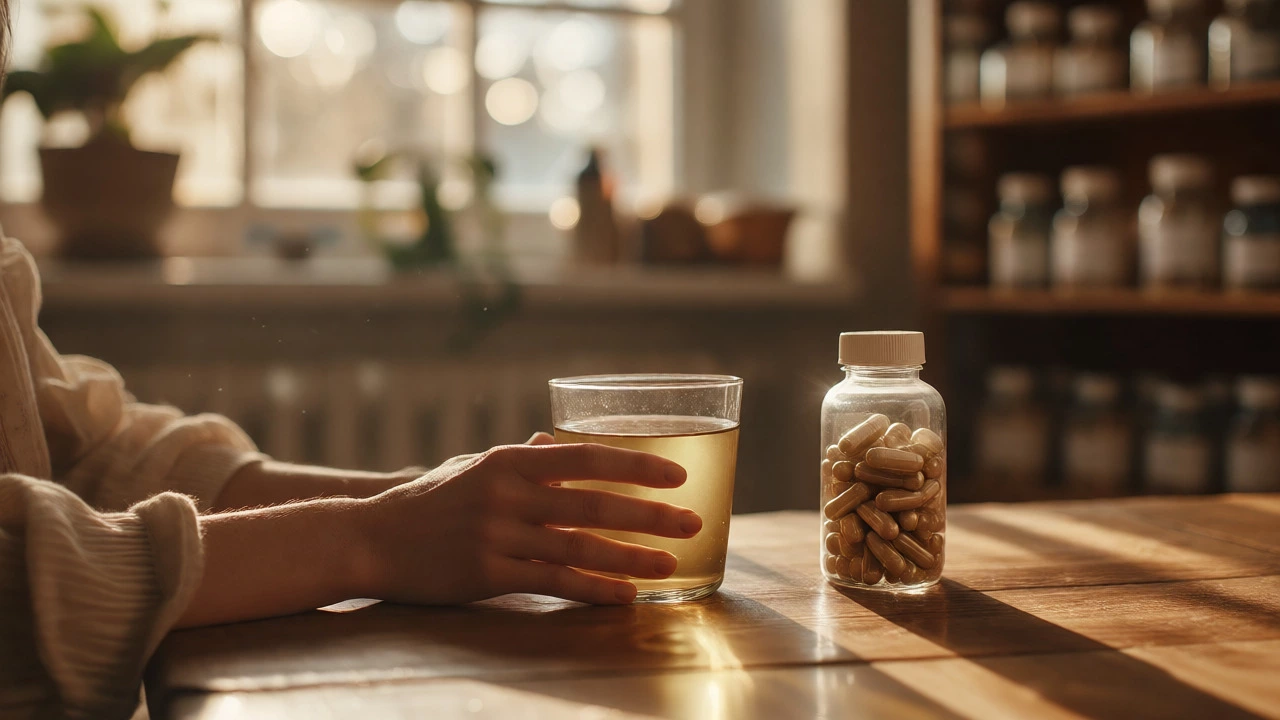 Hands holding herbal tea and supplement capsules