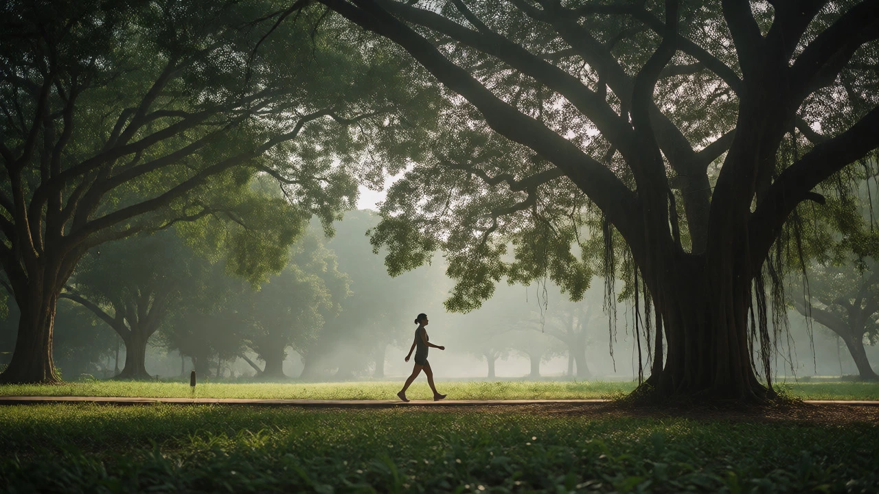 Individual taking a brisk morning walk through a misty, tree-lined park