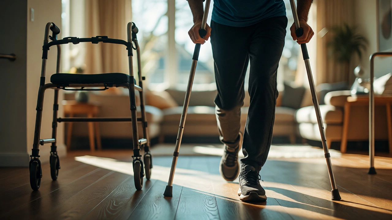 Individual transitioning from walker to crutches while walking indoors during recovery.