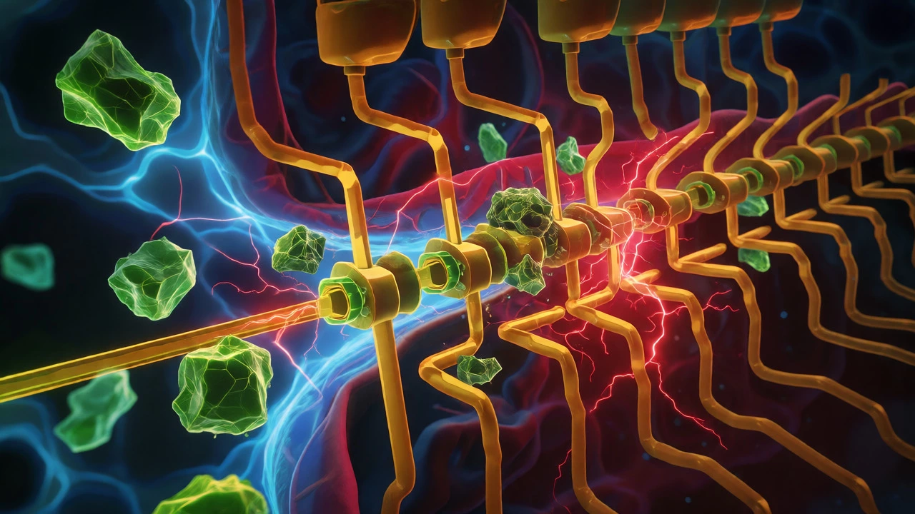 Microscopic view of enzymes overwhelmed by herbal compounds