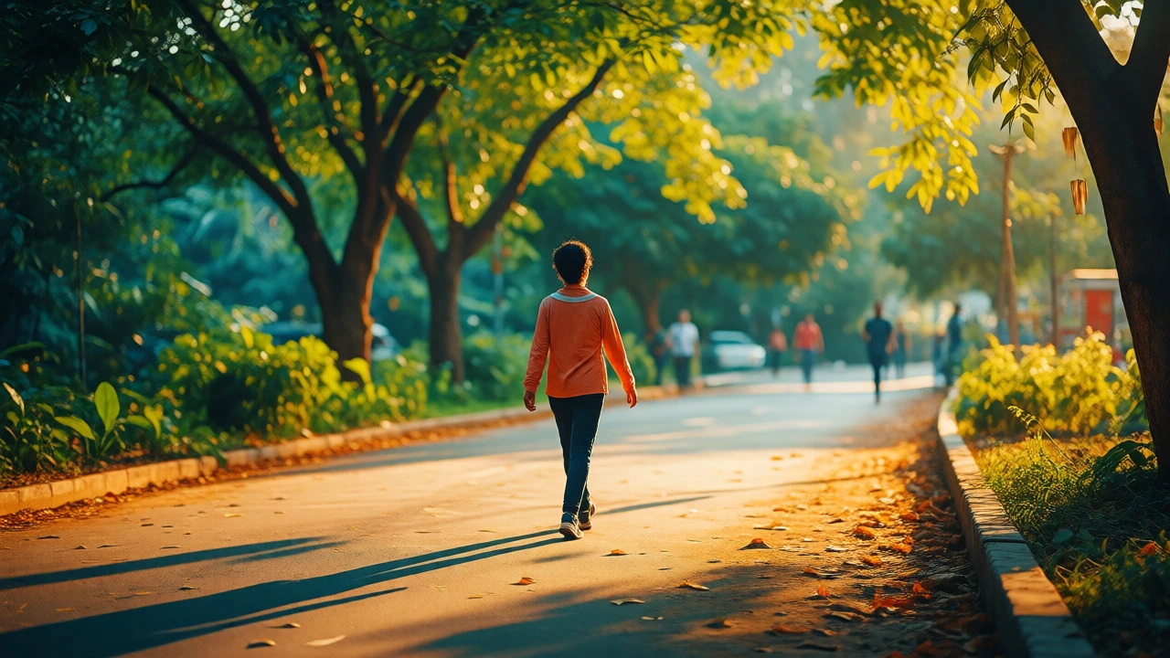Person walking confidently without aids in a sunny park after knee replacement surgery.