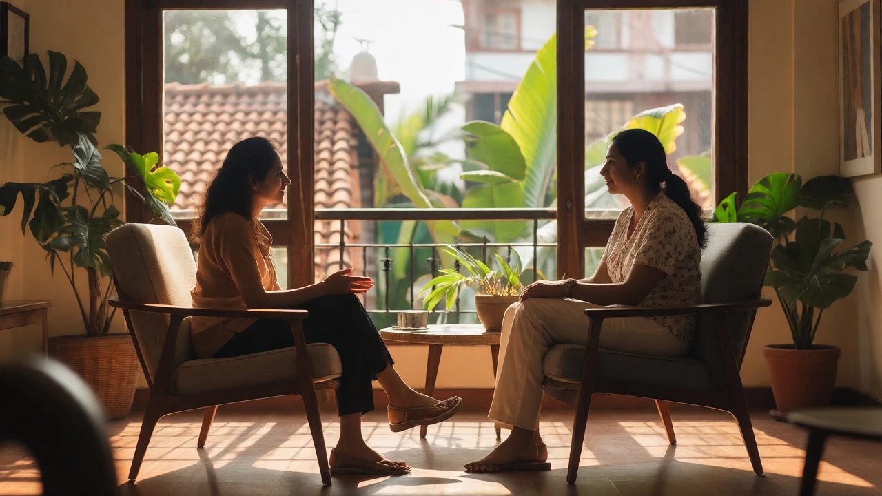 Therapist and client having a relaxed conversation in a sunny, plant-filled therapy office.