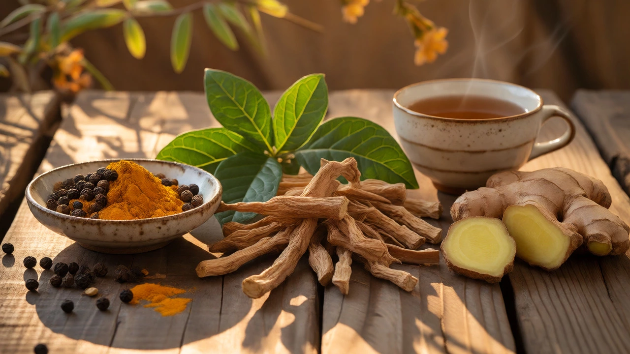 Turmeric, ashwagandha, and ginger herbs on a table